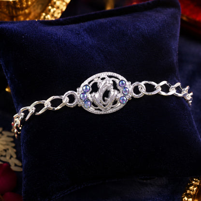 Premium Silver Ganesha Rakhi with Stones Chain Bracelet for Brother (1 Pc)