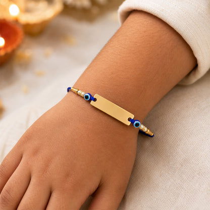 Customized Golden Nameplate Rakhi with Evil Eye Beads Rakhi for Brother