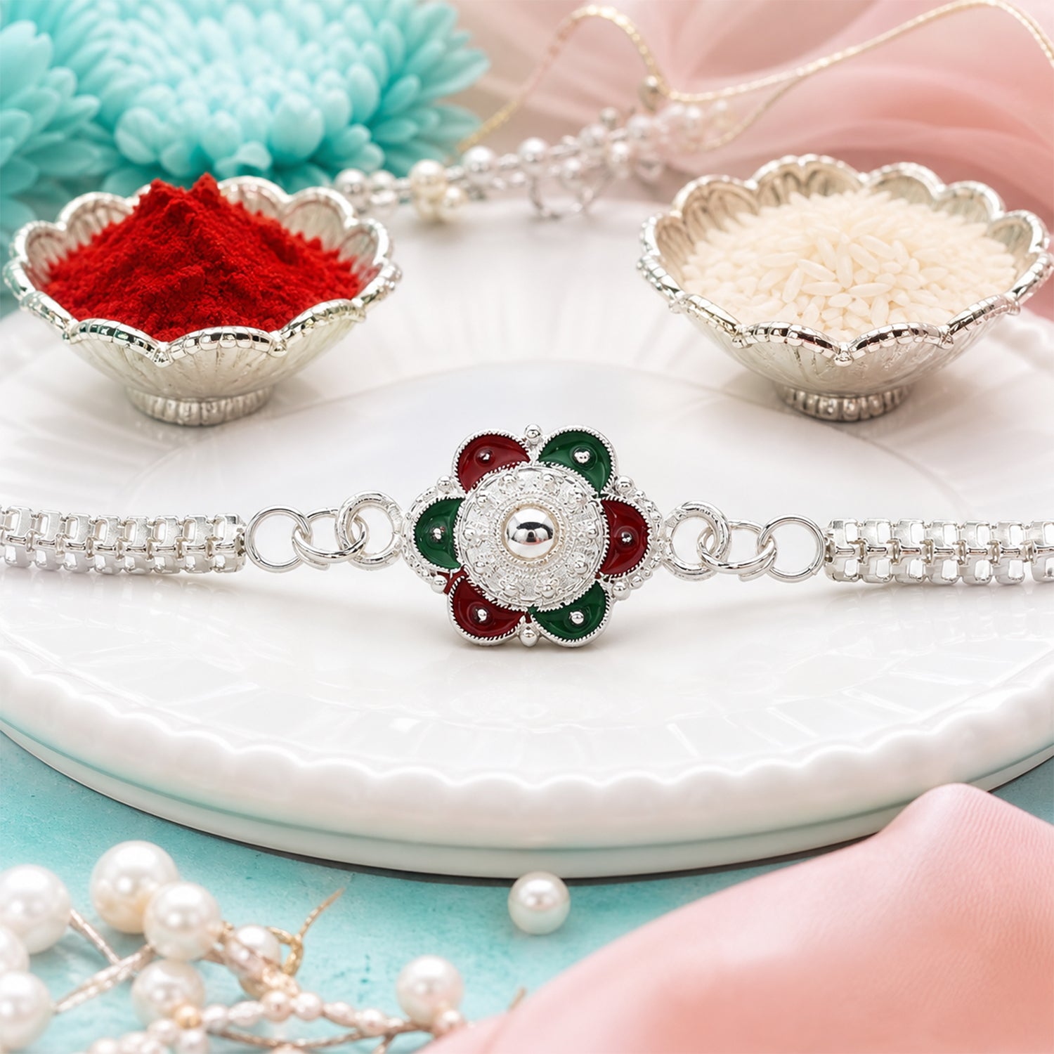 Flower Rakhi – Silver Finish with Mirror Stone for Brothers