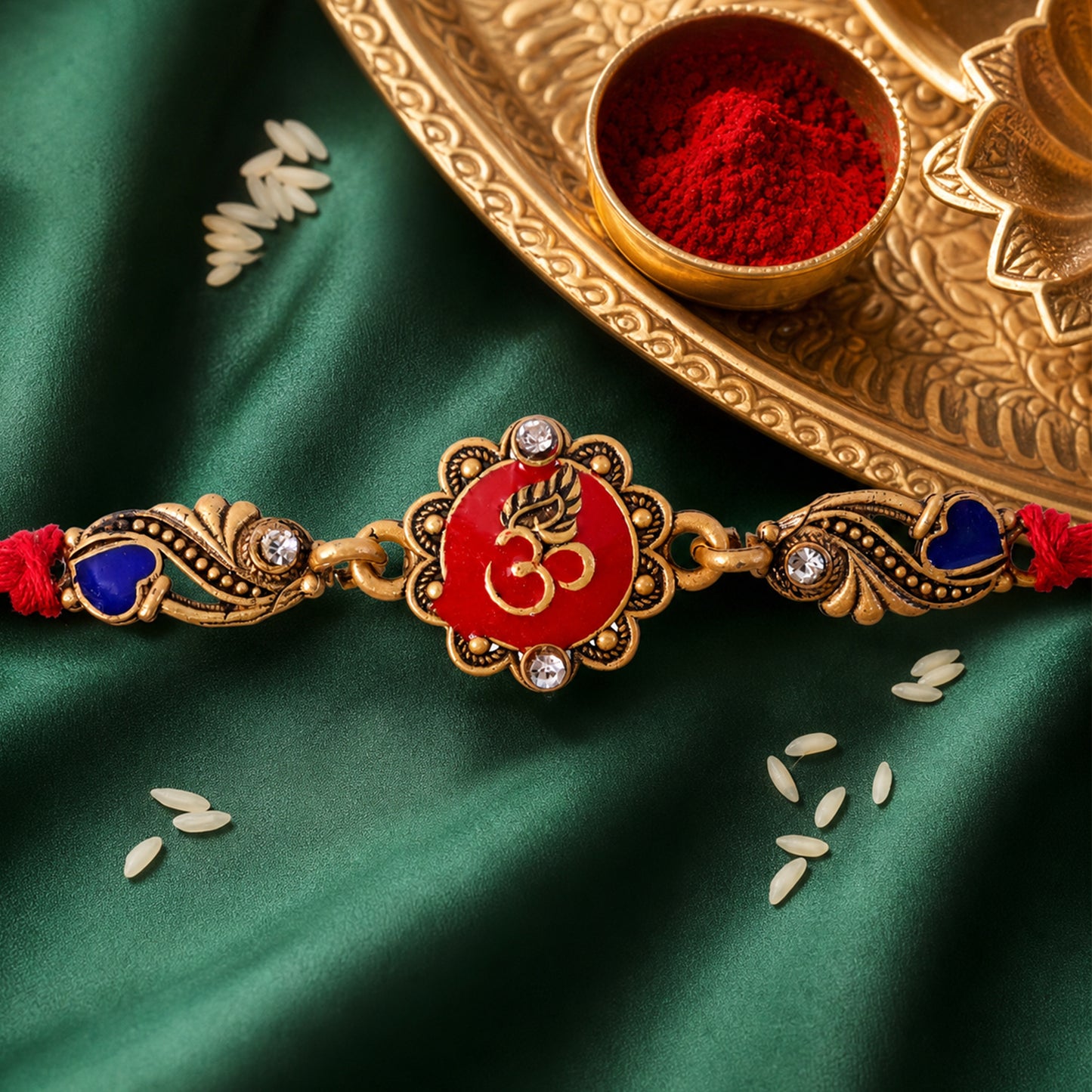 Traditional Rakhi showcasing Om Medallion, red stone accents and chain look for Gift