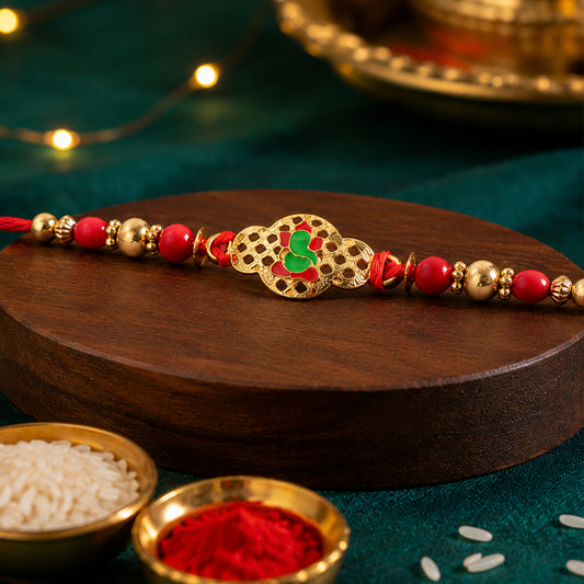 Ganesha Rakhi, Elegant Gold Finish for Raksha Bandhan front view for festive gifting