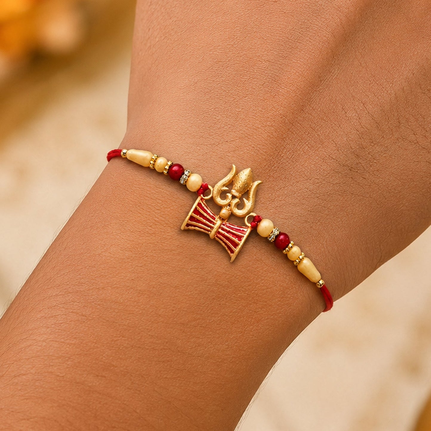 A gold Trishul and Damaru rakhi with red and cream beads on a red thread, worn on a person's wrist.