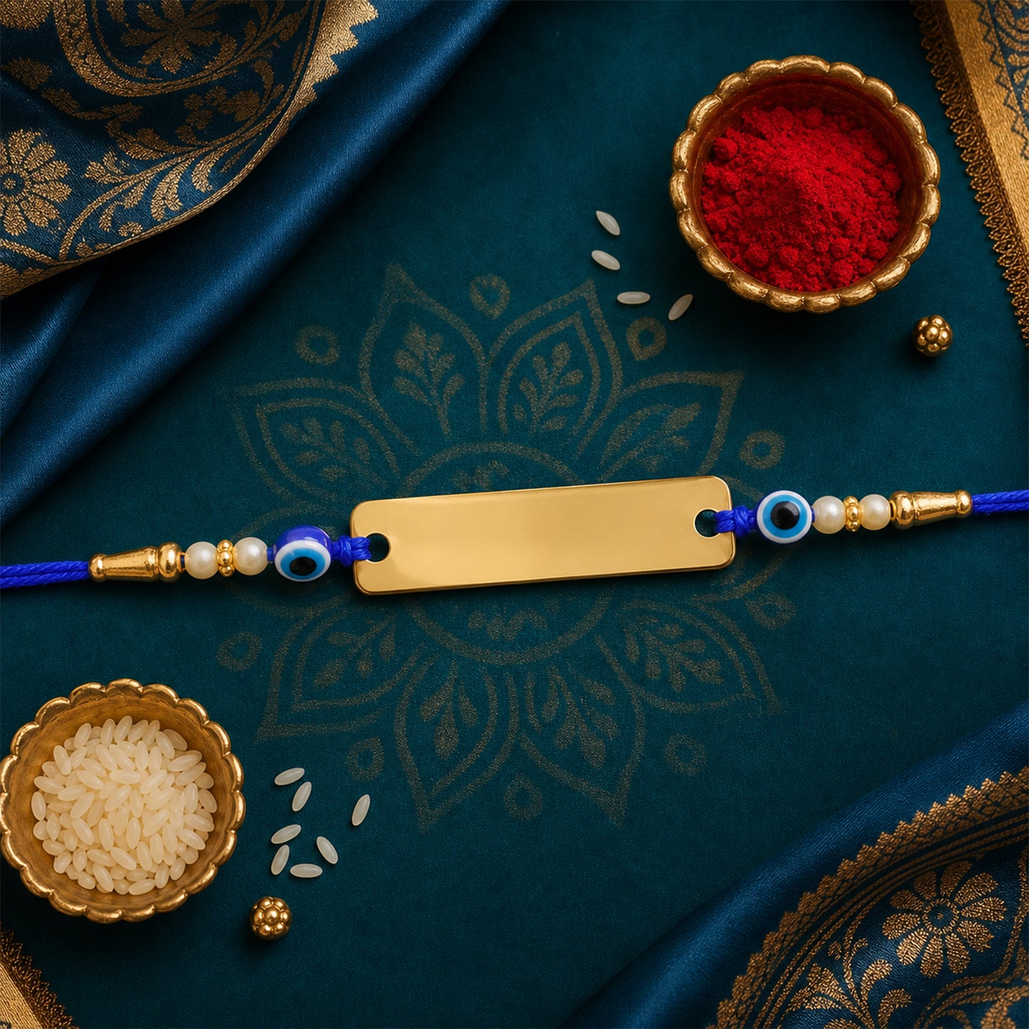 Customized Golden Nameplate Rakhi with Evil Eye Beads Rakhi for Brother