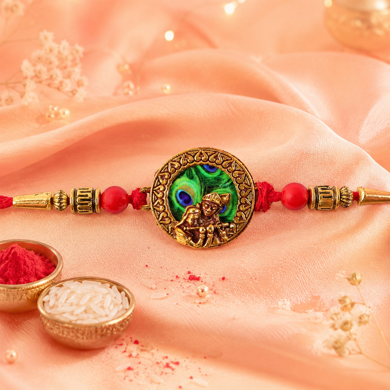 Krishna Rakhi – Traditional Peacock Feather Design with Beads