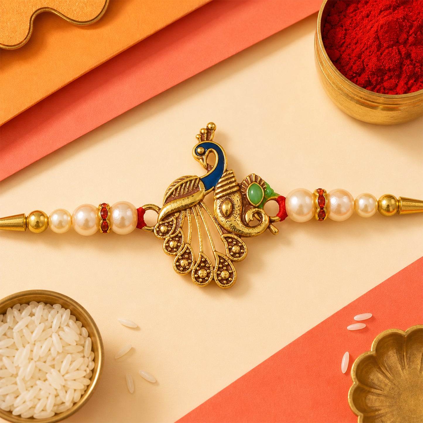 Peacock Design Rakhi – Elegant Pearl Beads & Golden Detailing
