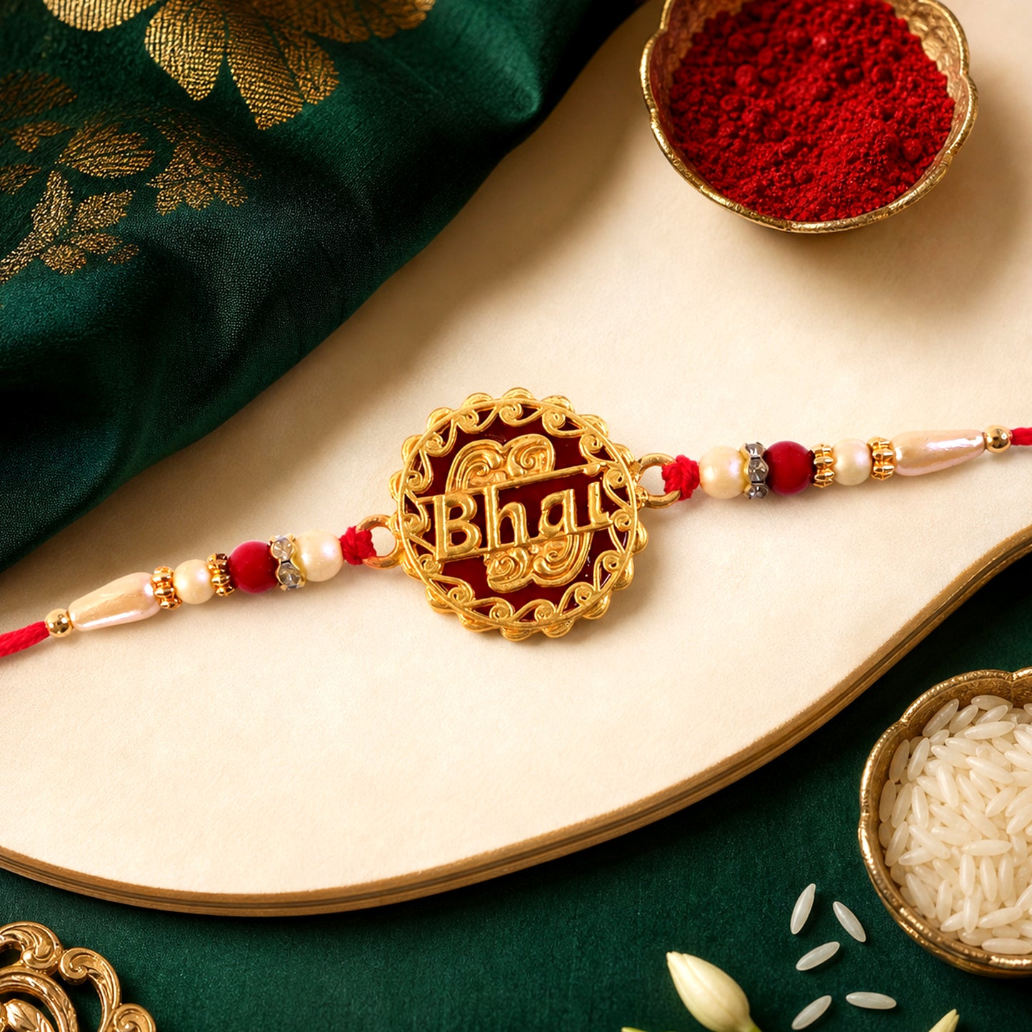 Swastik Rakhi – Golden Design with Red Beads & Thread