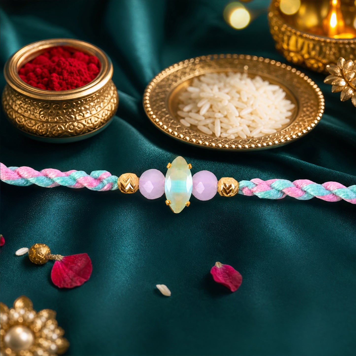 Designer Rakhi presented with festive packaging for gifting.