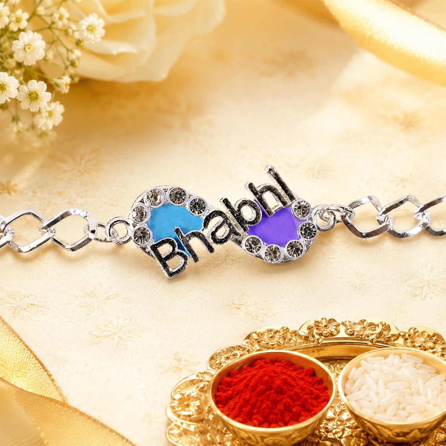 Bhai Rakhi for Brother elegantly tied on a wrist for Raksha Bandhan.