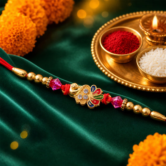 Golden Peacock Charm Rakhi for Brother