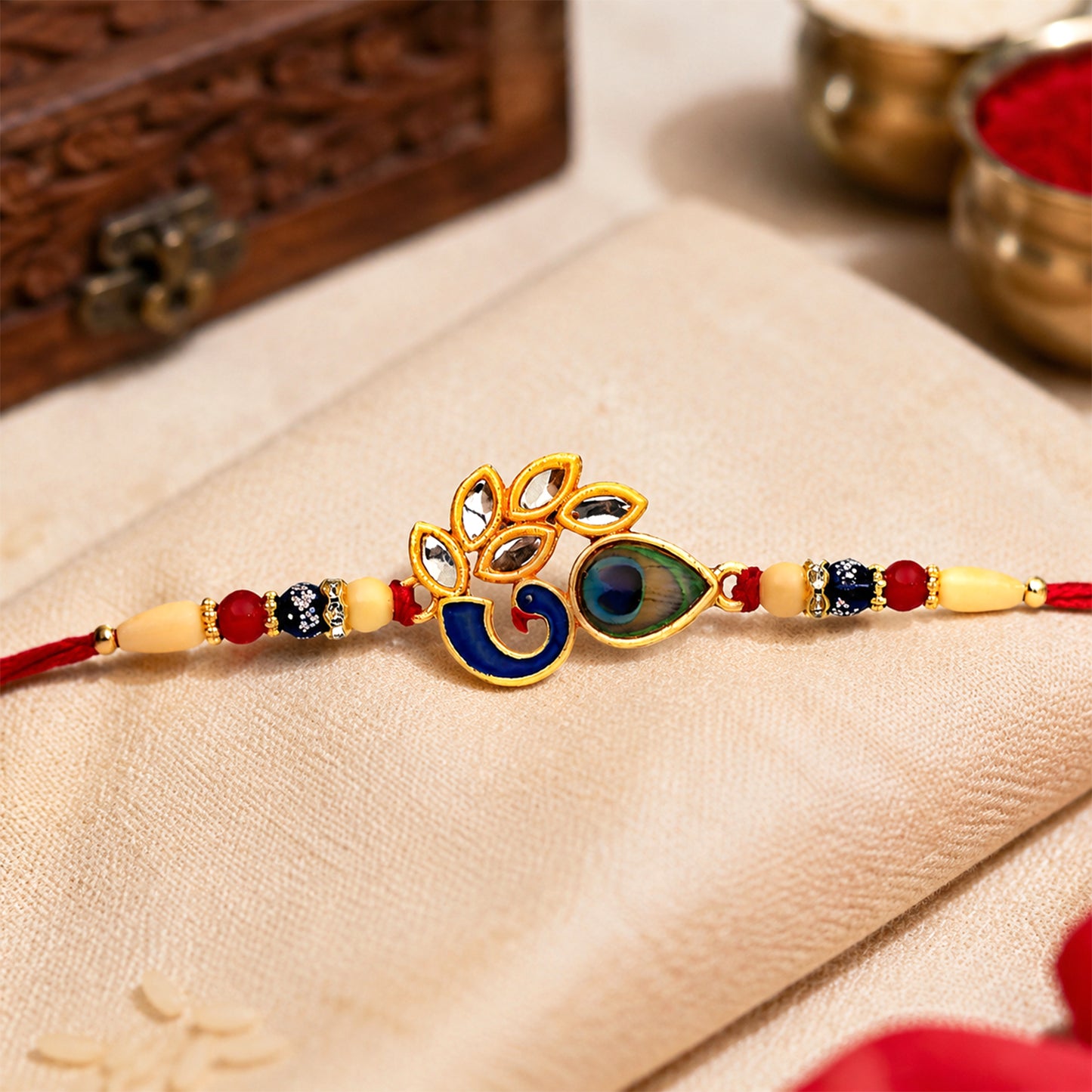 Artistic Mor Pankh Rakhi with Colorful Enamel and Traditional Thread For Rakshabandhan