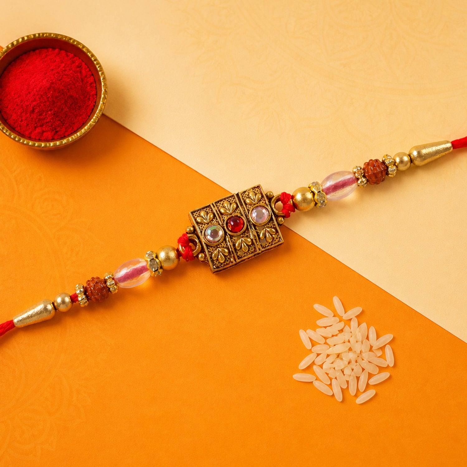 Antique Gold Kundan Studded Square Pendant Rakhi with Rudraksha Beads