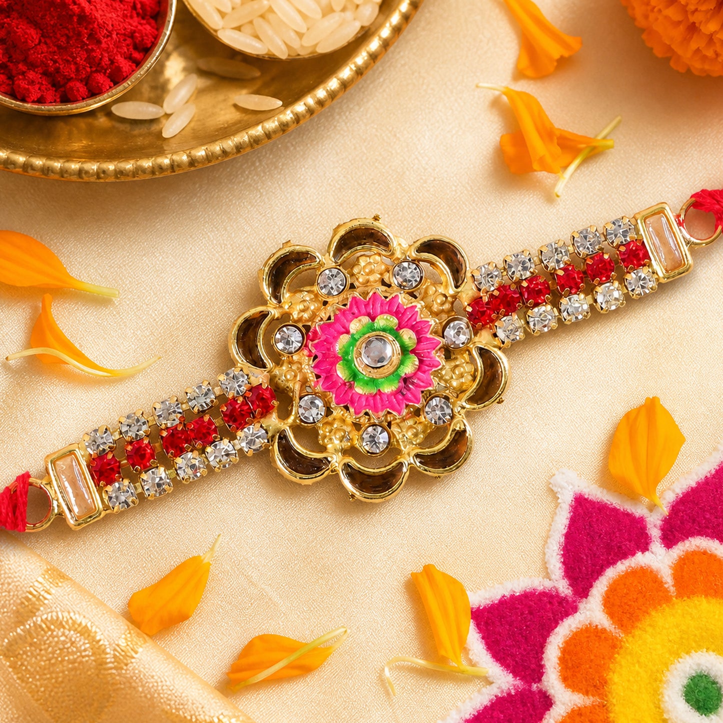 Diamond Rakhi – Stone Studded Floral Design with Colorful Enamel