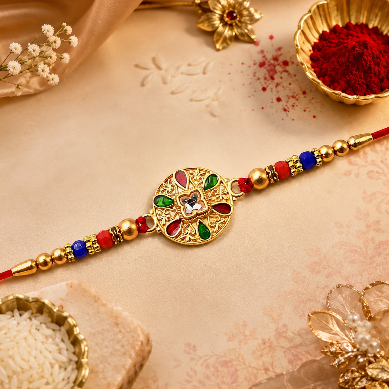 Traditional Meenakari Rakhi – Multicolor Enamel & Kundan Stones