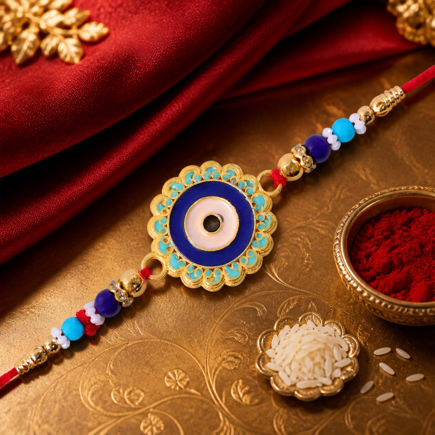 Evil Eye Rakhi – Stylish Beads with Golden Accents for Protection