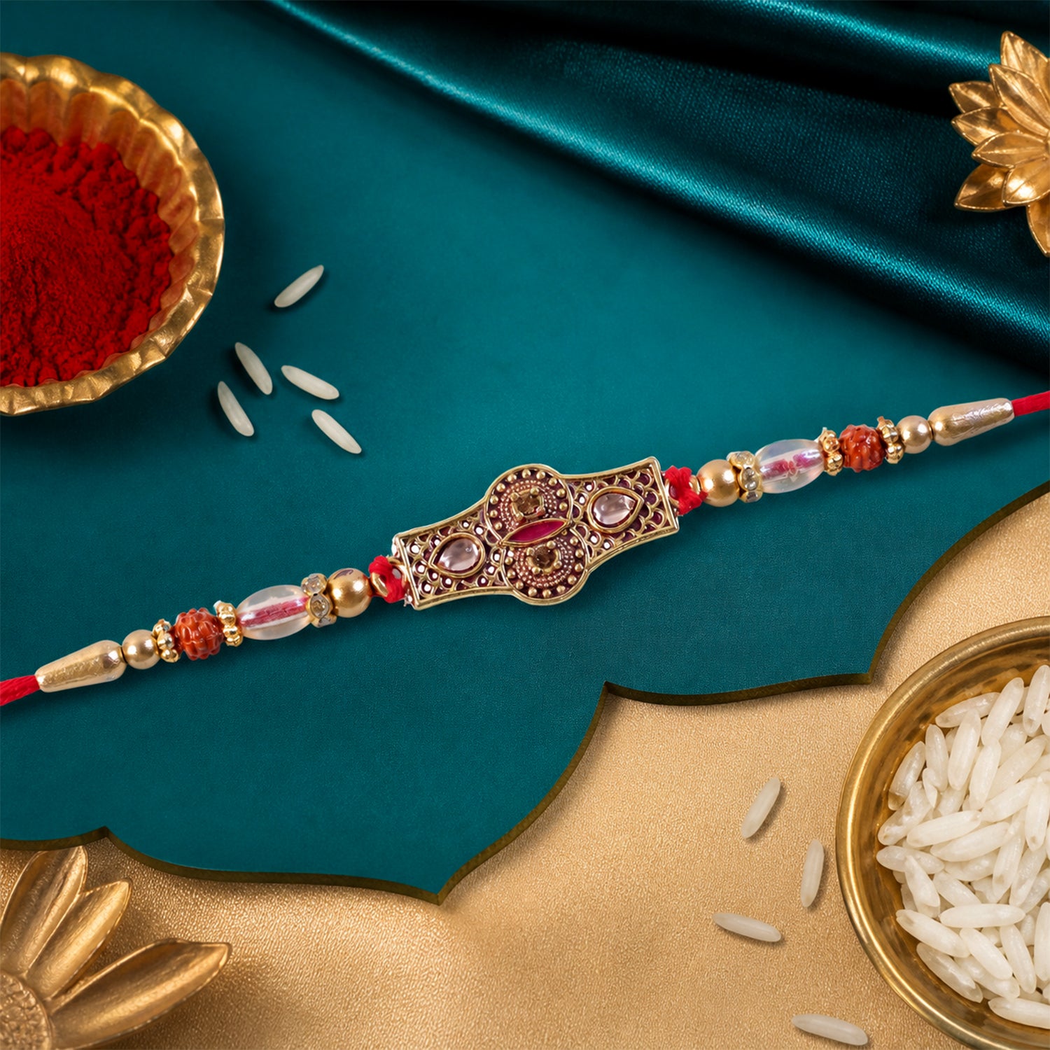 Rose Pink Kundan Stone Pendant Rakhi with Rudraksha and Coral Beads