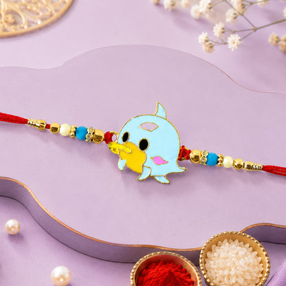 Angled view showing the intricate thread details of the Rakshabandhan Rakhi.
