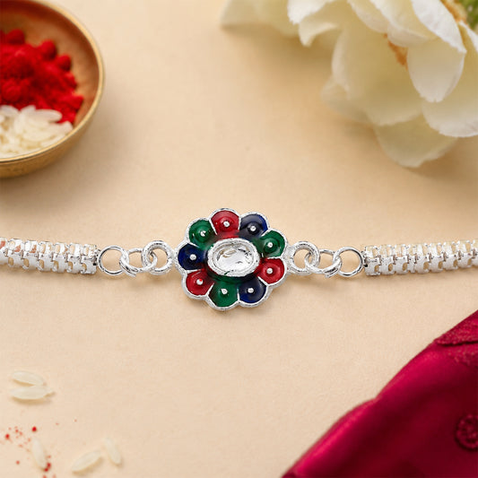 Colorful Petal on Elegant Silver Rakhi for Brother & Sister on Rakshabandhan