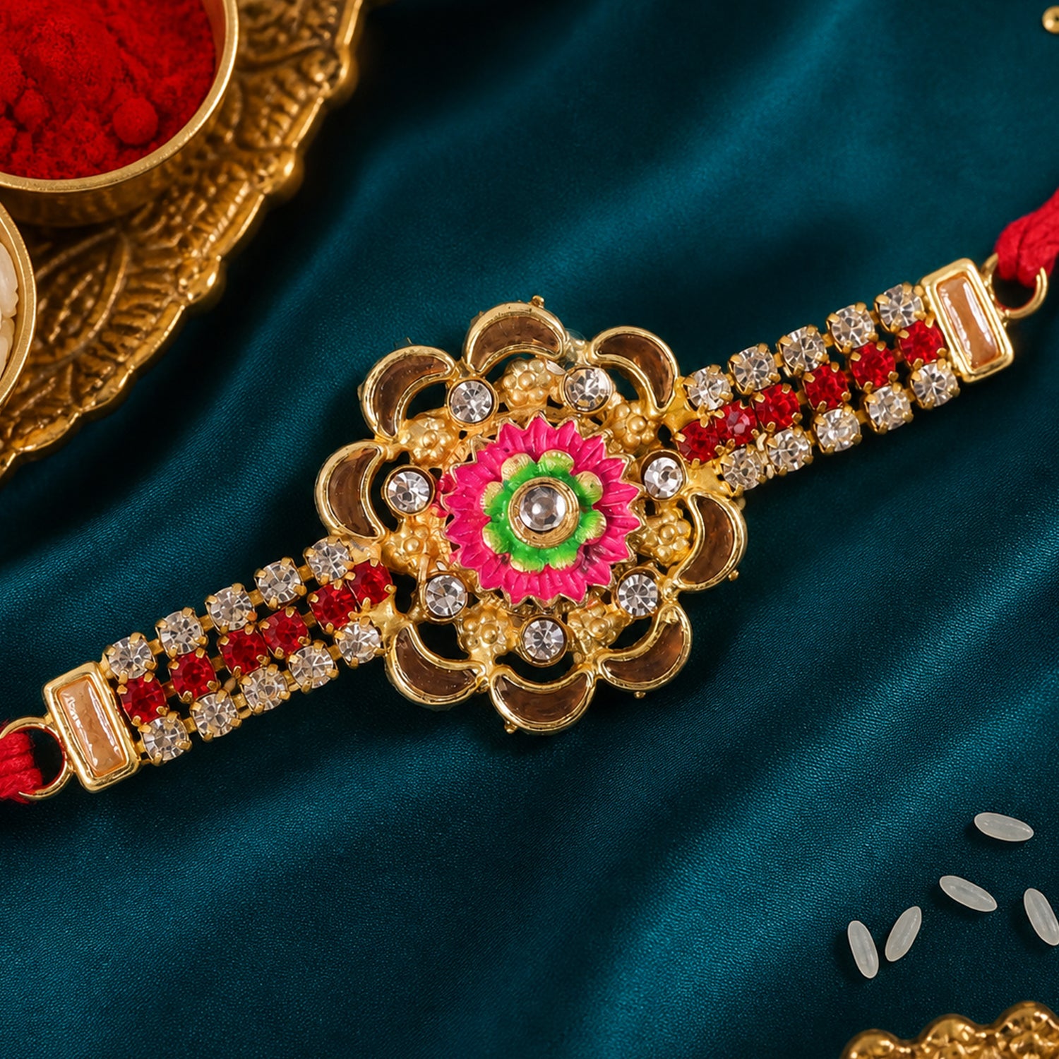 Diamond Rakhi – Stone Studded Floral Design with Colorful Enamel