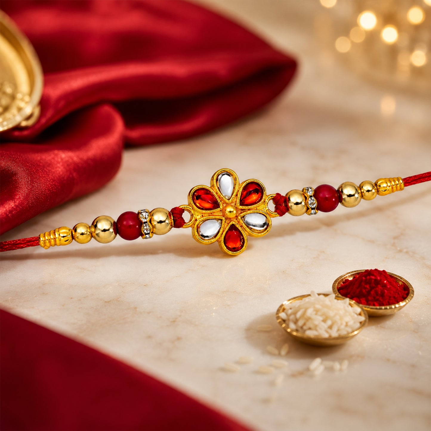 Red White Beaded Rakhi with Kundan Floral Centerpiece – Elegant Design