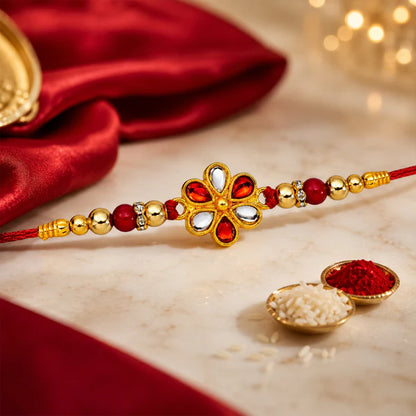 Red White Beaded Rakhi – Intricate Kundan Floral Centerpiece for Brother