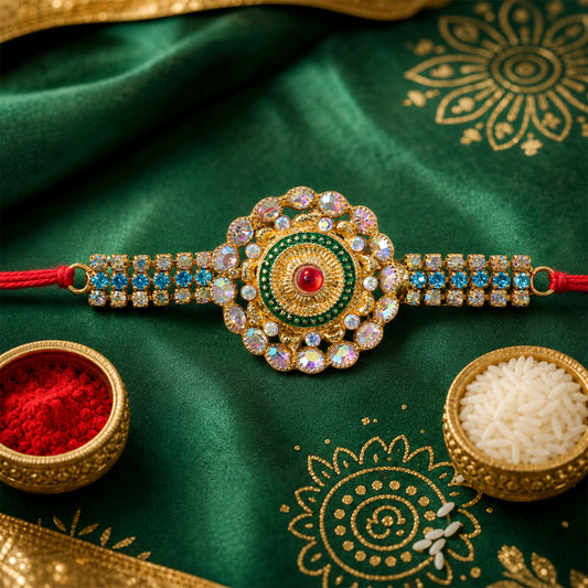 Kundan Rakhi – Handcrafted Multicolor Stone Design for Brothers