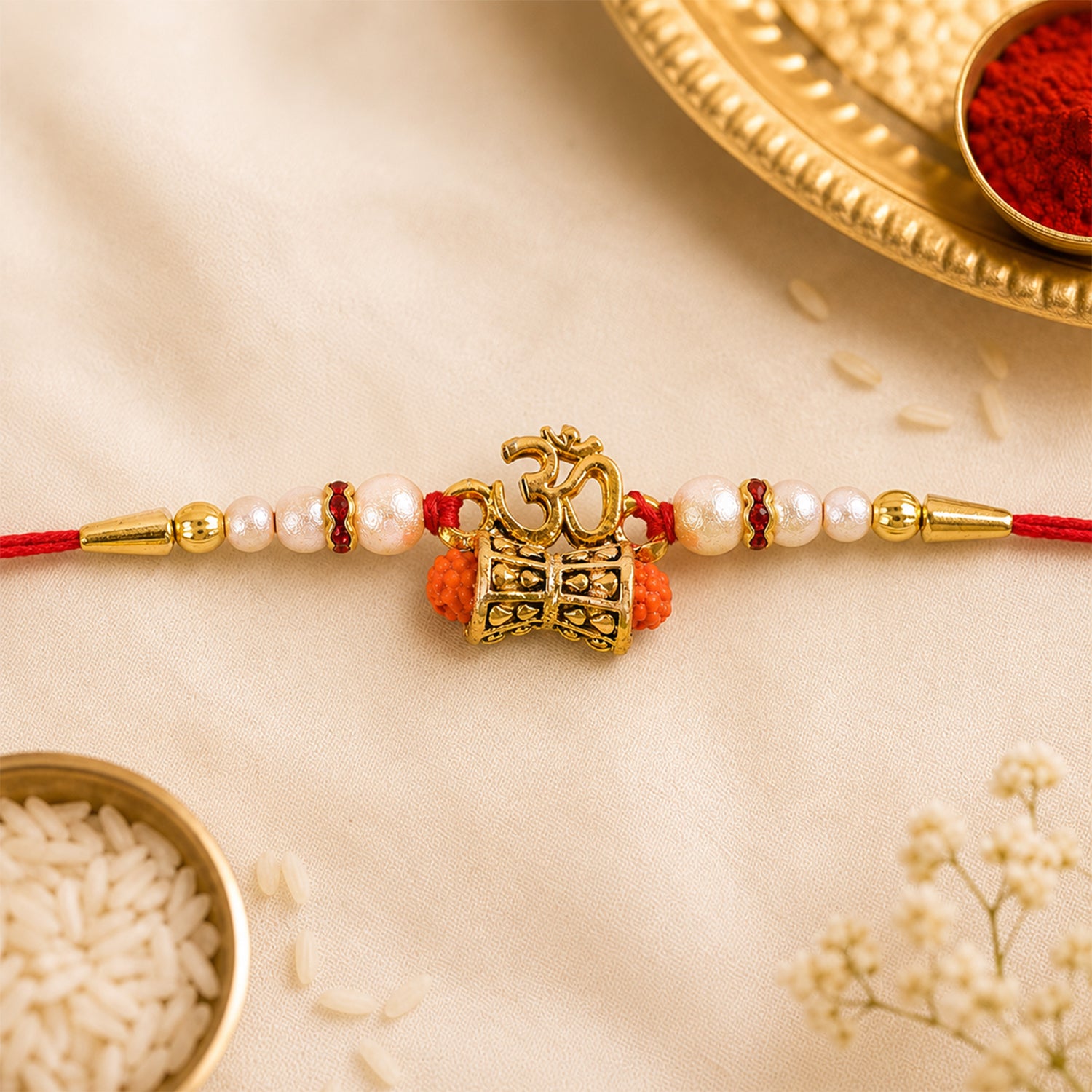 Elegant Golden Charm Rakhi for brother, showcasing its detailed golden charm and beadwork.