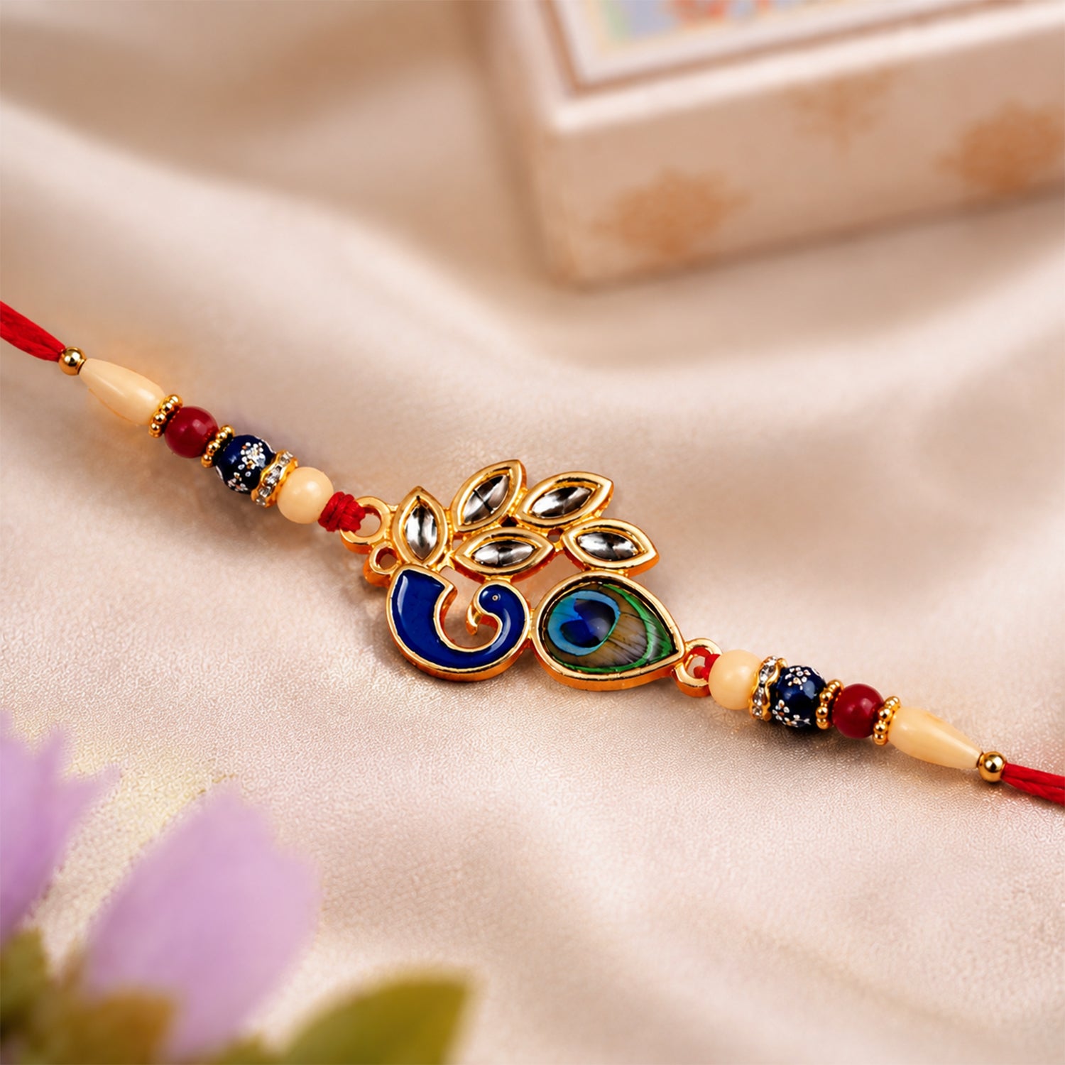 Artistic Mor Pankh Rakhi with Colorful Enamel and Traditional Thread For Rakshabandhan