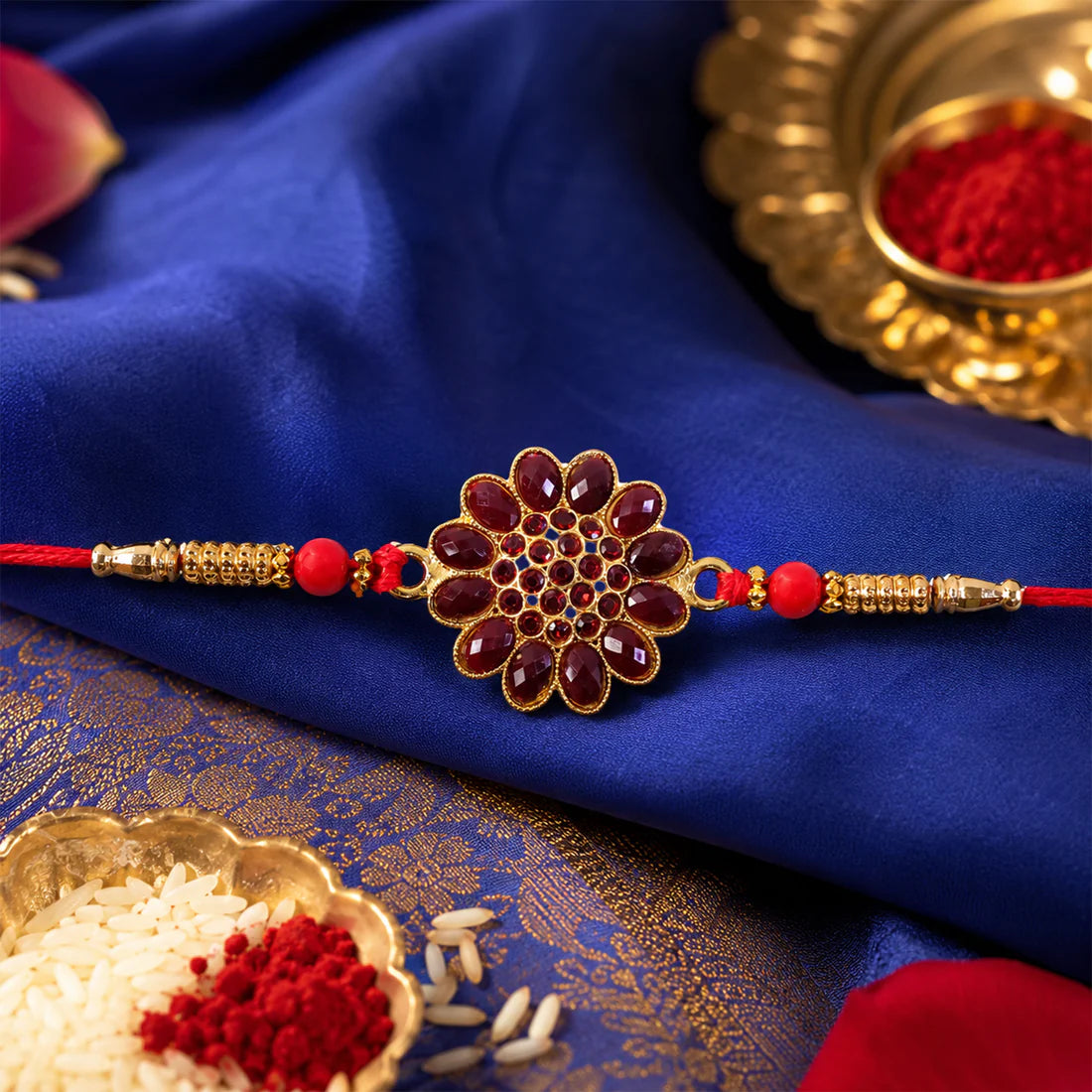 Red Floral Stone Rakhi with Bead Accents for Raksha Bandhan