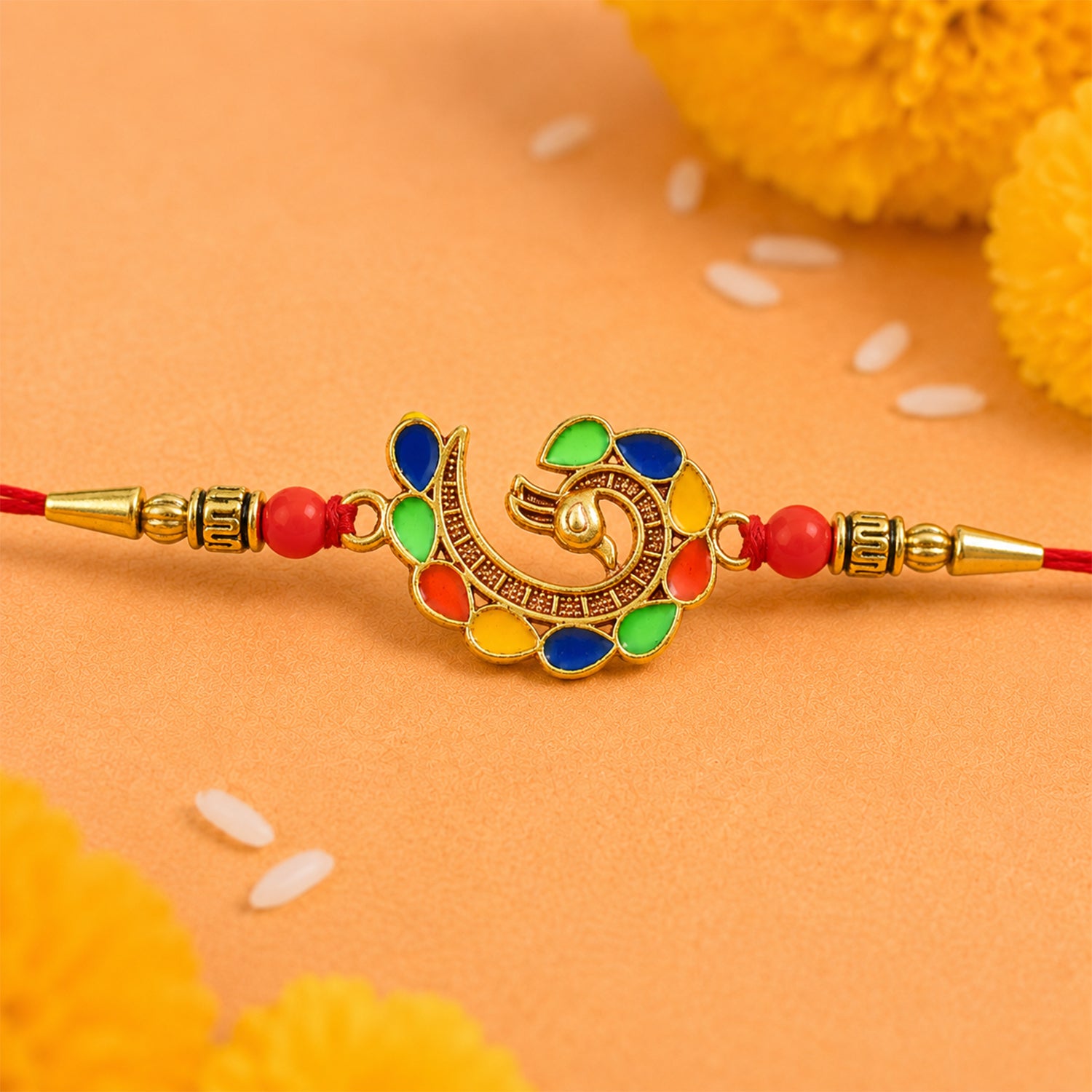 Peacock Rakhi, Elegant Symbol of Love for Brother in-use view for festive gifting
