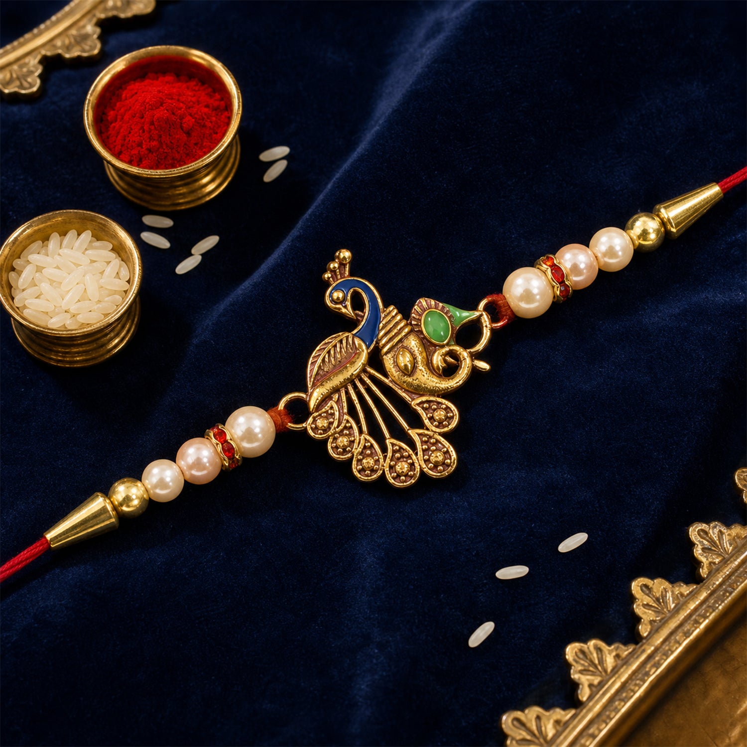 Peacock Design Rakhi – Elegant Pearl Beads & Golden Detailing