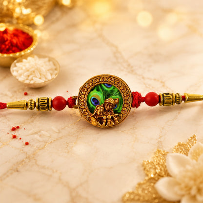 Krishna Rakhi – Traditional Peacock Feather Design with Beads