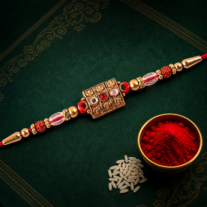 Antique Gold Kundan Studded Square Pendant Rakhi with Rudraksha Beads