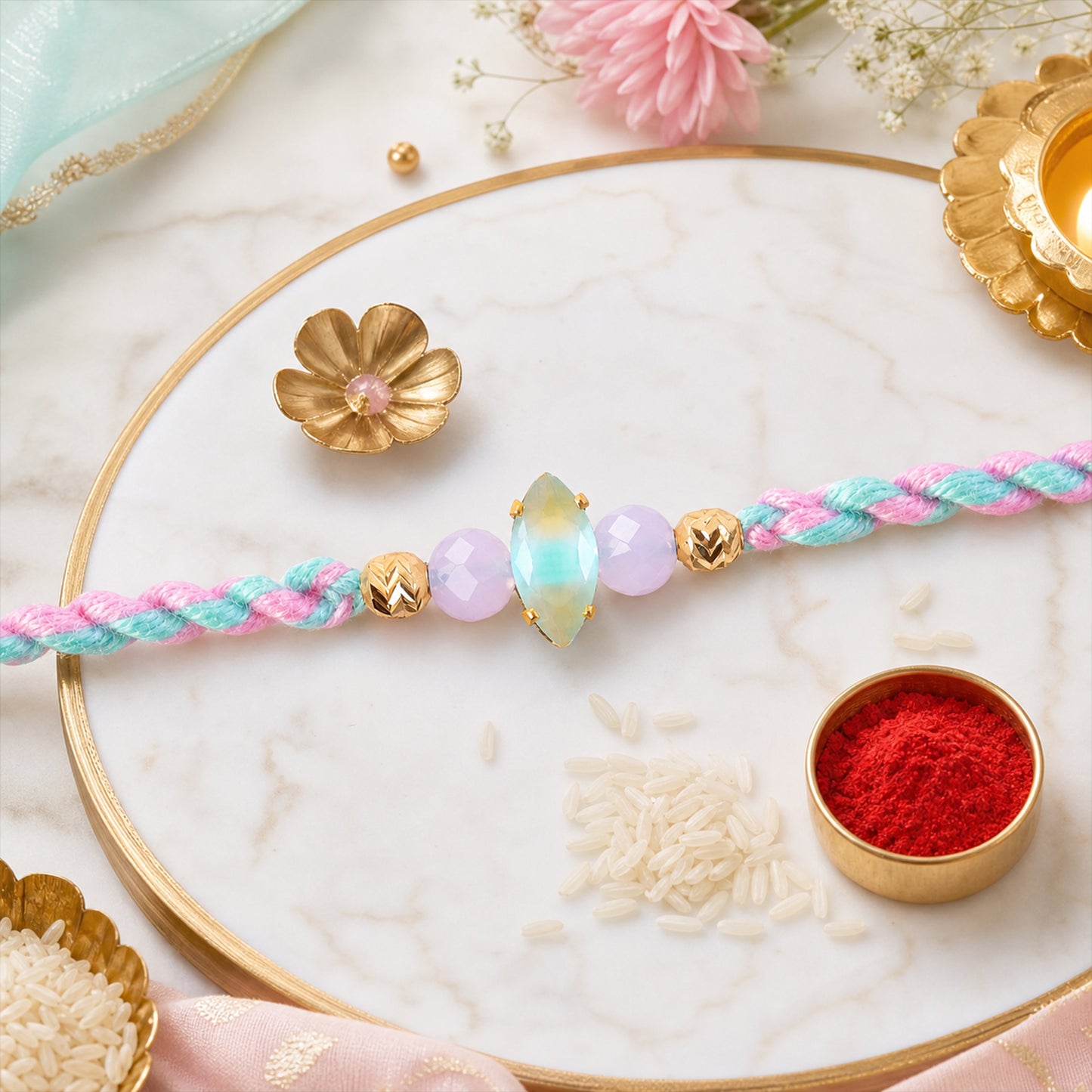 Close up view of the studded centrepiece of the Designer Rakhi.