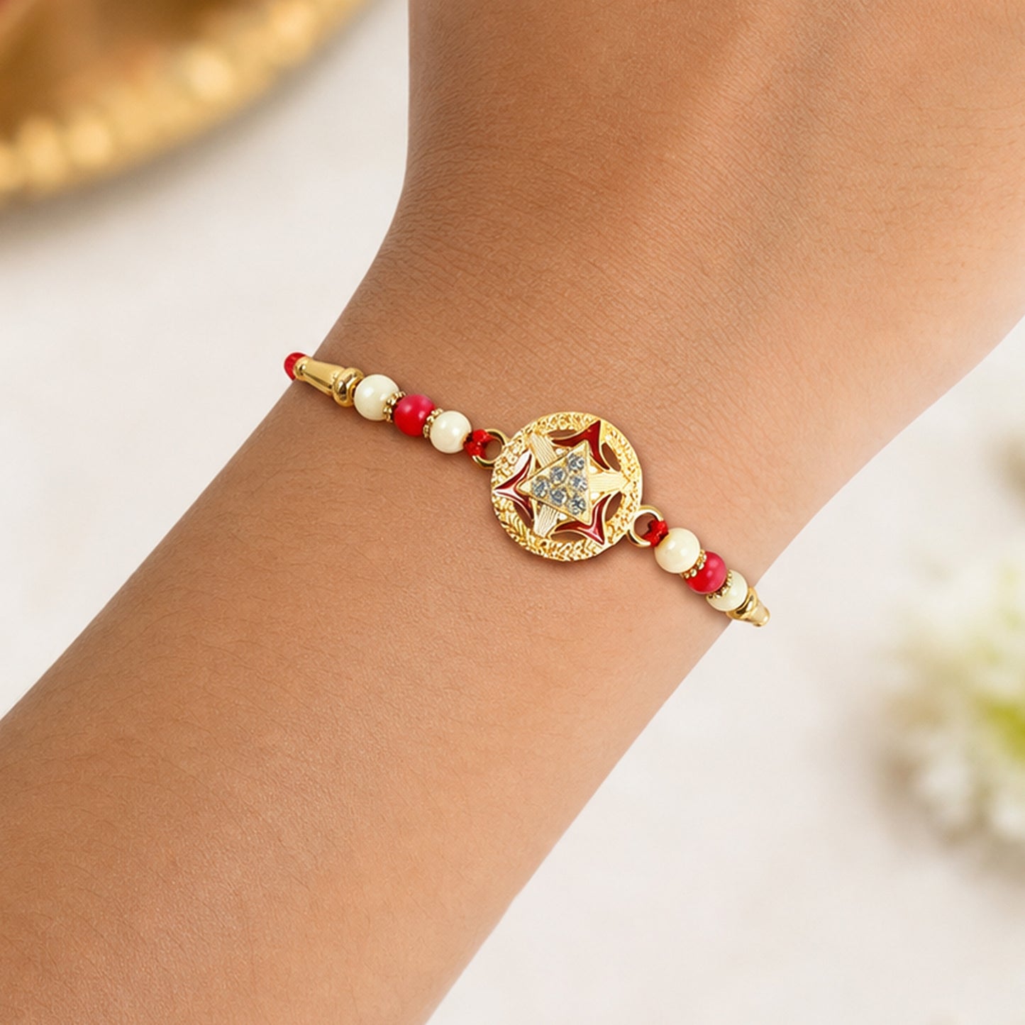 Golden Rakhi – Traditional Round Design for Raksha Bandhan