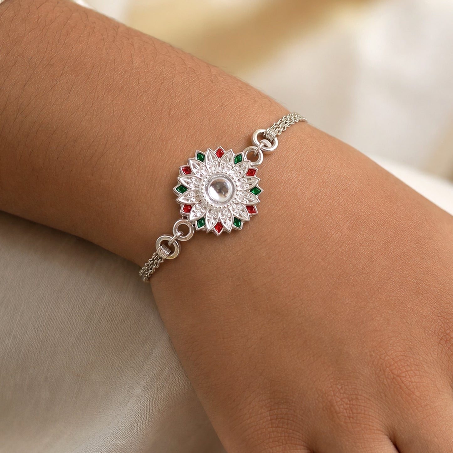 Designer Floral Silver Rakhi with Stone Centerpiece for Brother