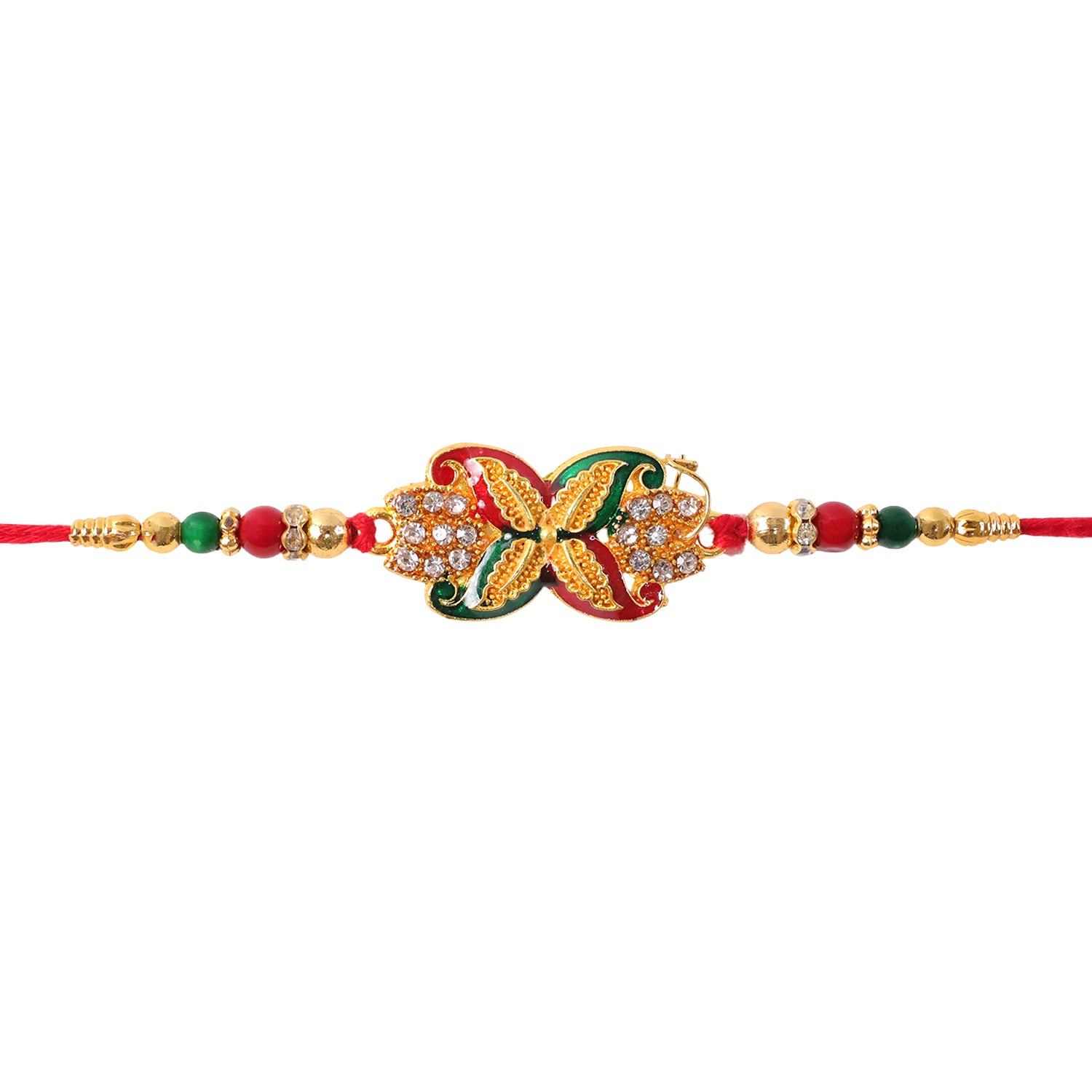 A red thread bracelet with a central golden, red, and green flower motif, featuring clear stones and small red, green, and