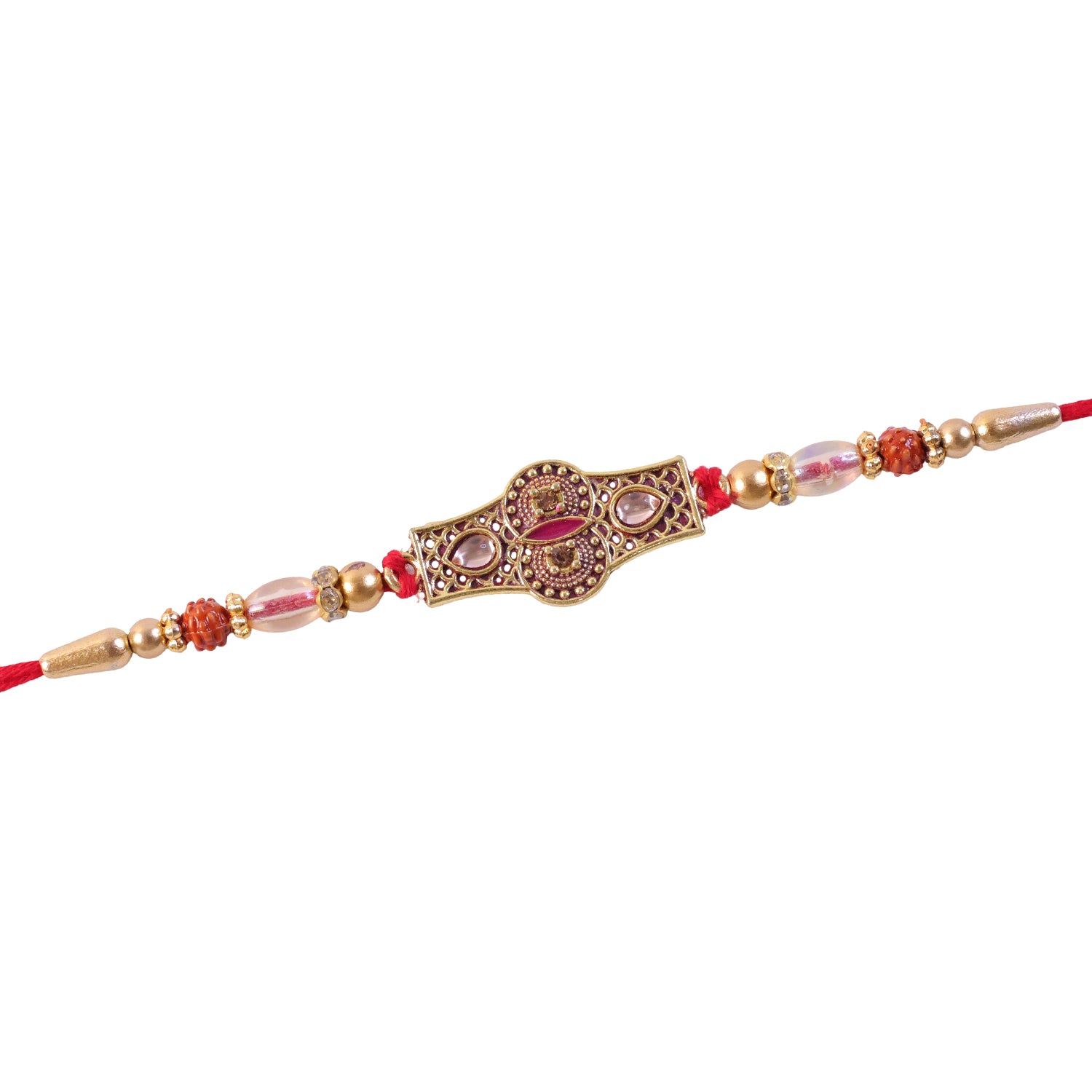 Rose Pink Kundan Stone Pendant Rakhi with Rudraksha and Coral Beads