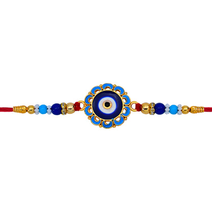 Collection of various Evil Eye Rakhis with blue beads and golden designs, symbolizing protection.