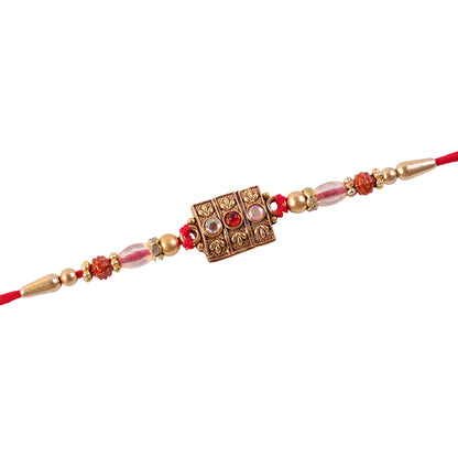 Antique Gold Kundan Studded Square Pendant Rakhi with Rudraksha Beads
