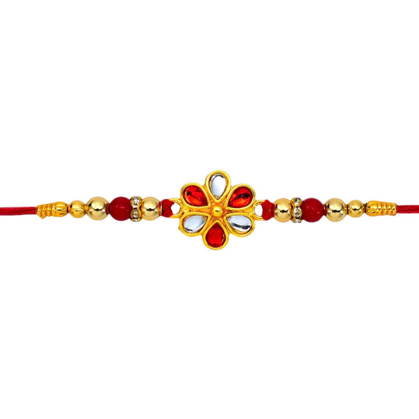 Red White Beaded Rakhi – Intricate Kundan Floral Centerpiece for Brother