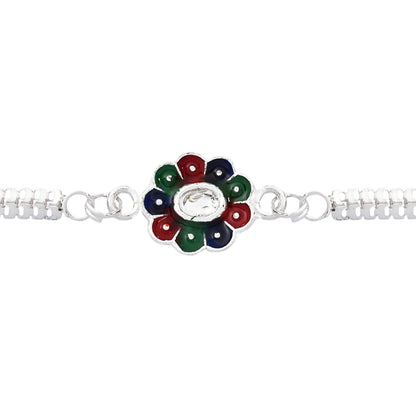 Complete view of vibrant colorful petal Rakhi with silver chain