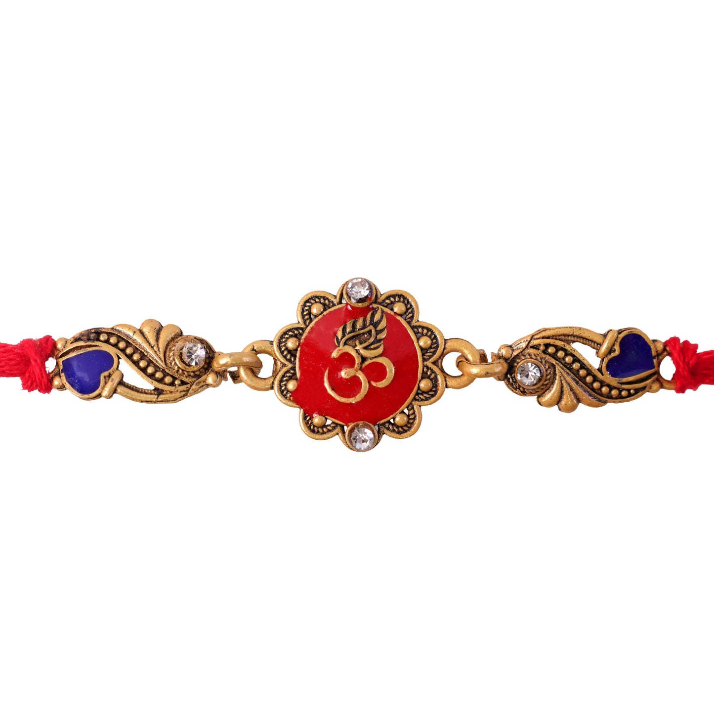 Traditional Rakhi showcasing Om Medallion, red stone accents and chain look for Gift