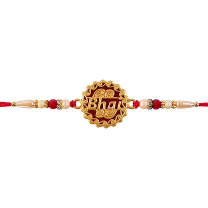 Swastik Rakhi – Golden Design with Red Beads & Thread