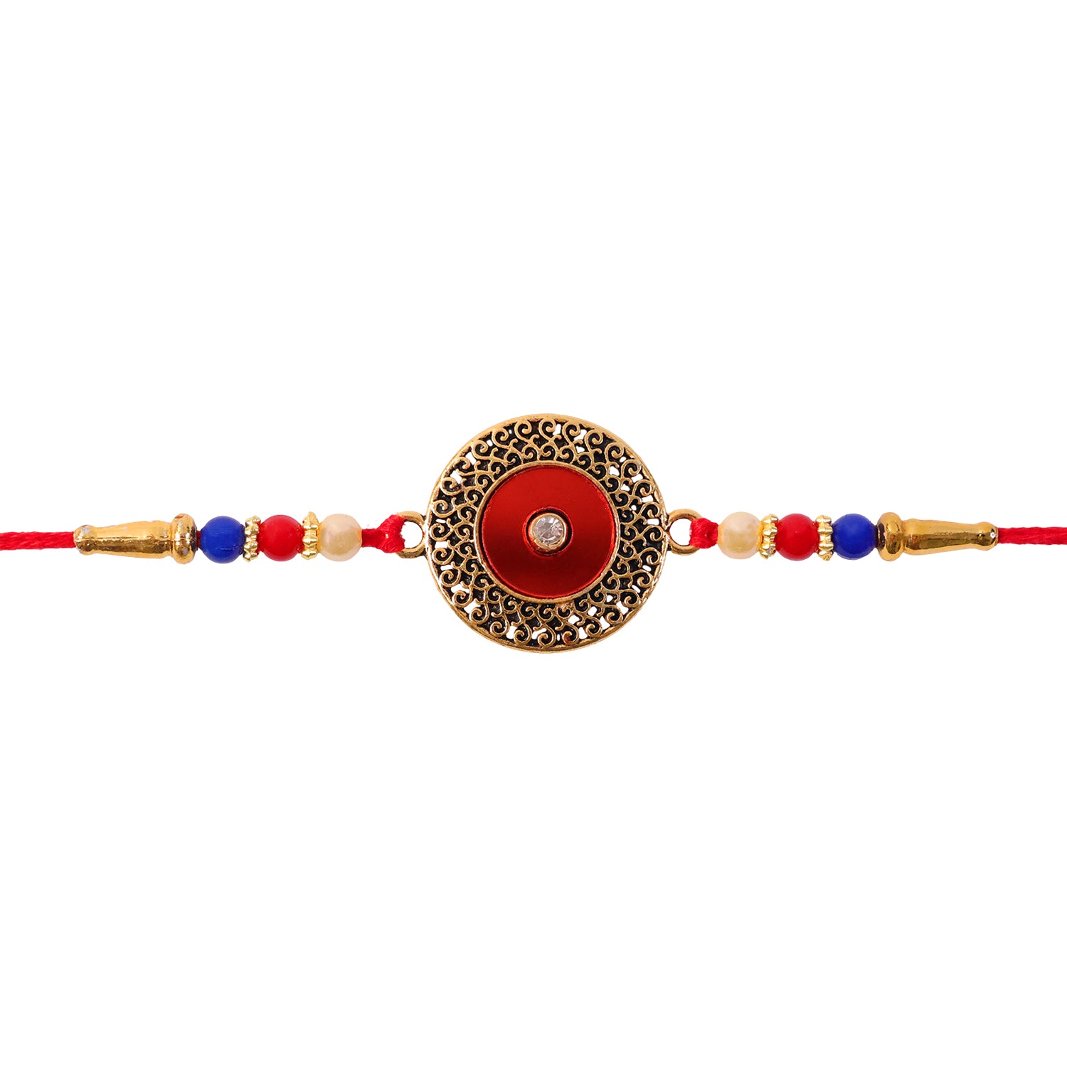 Antique Golden Filigree Round Rakhi with Enamel & Beads