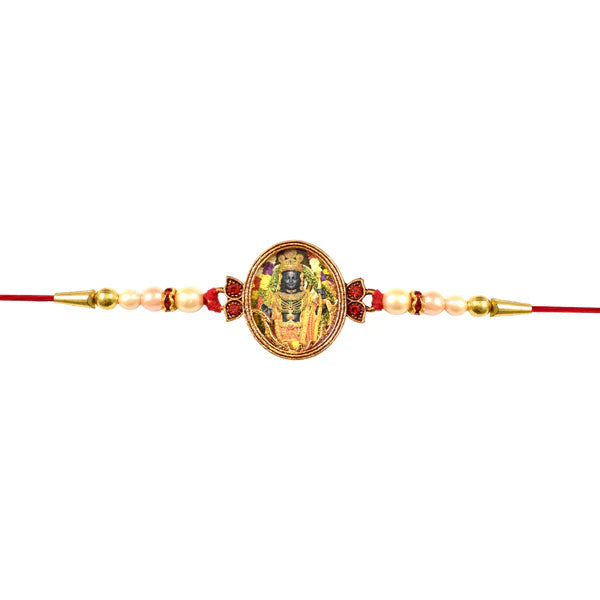 Overhead view of the Peacock Rakhi showcasing its vibrant colours and design.