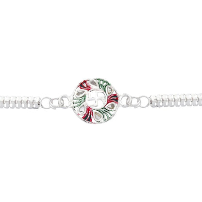 Swastik Rakhi – Tricolor Enamel & Silver Chain Rakhi for Brother