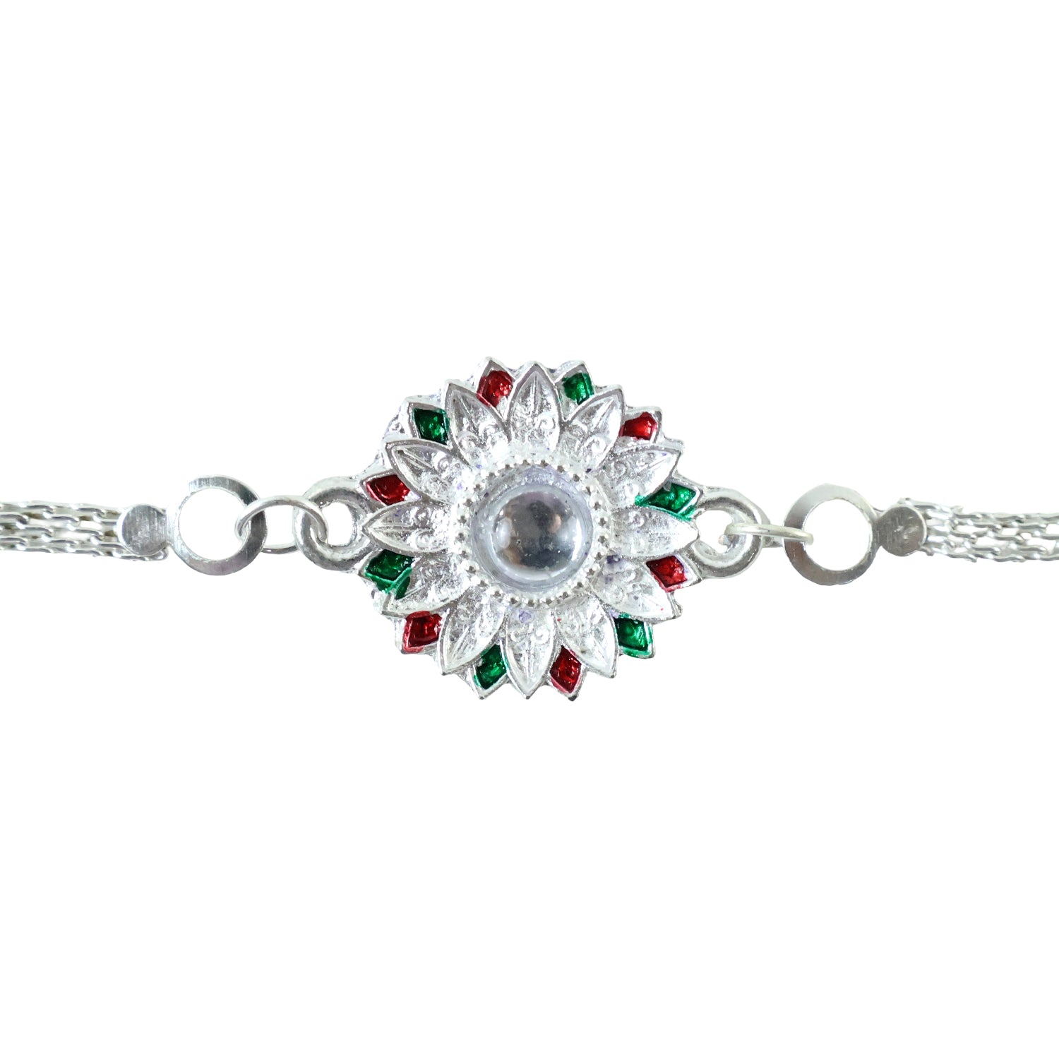 Designer Floral Silver Rakhi with Stone Centerpiece for Brother