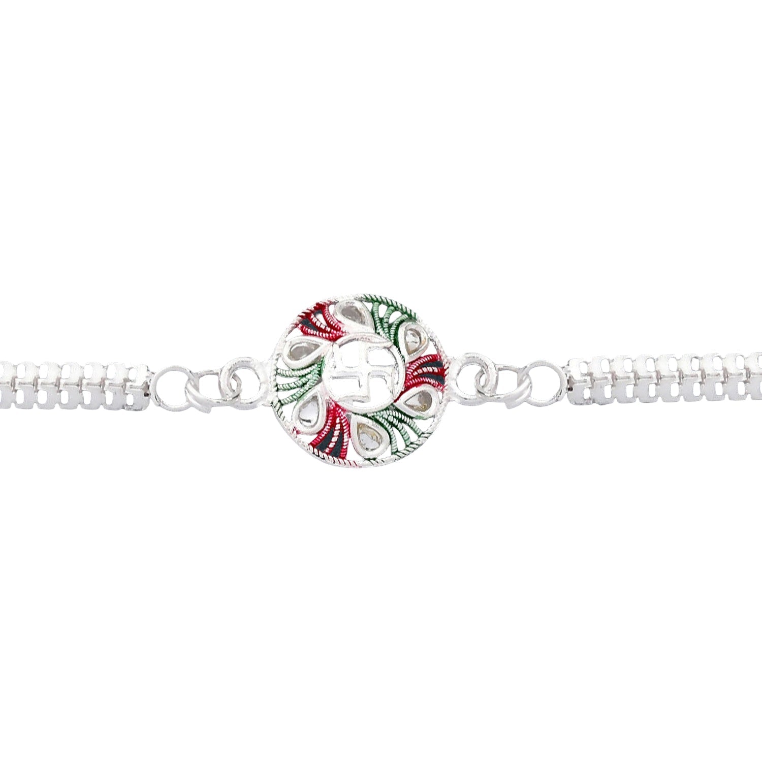 Detailed view of the silver metal chain and tricolor enamel Swastik Rakhi.