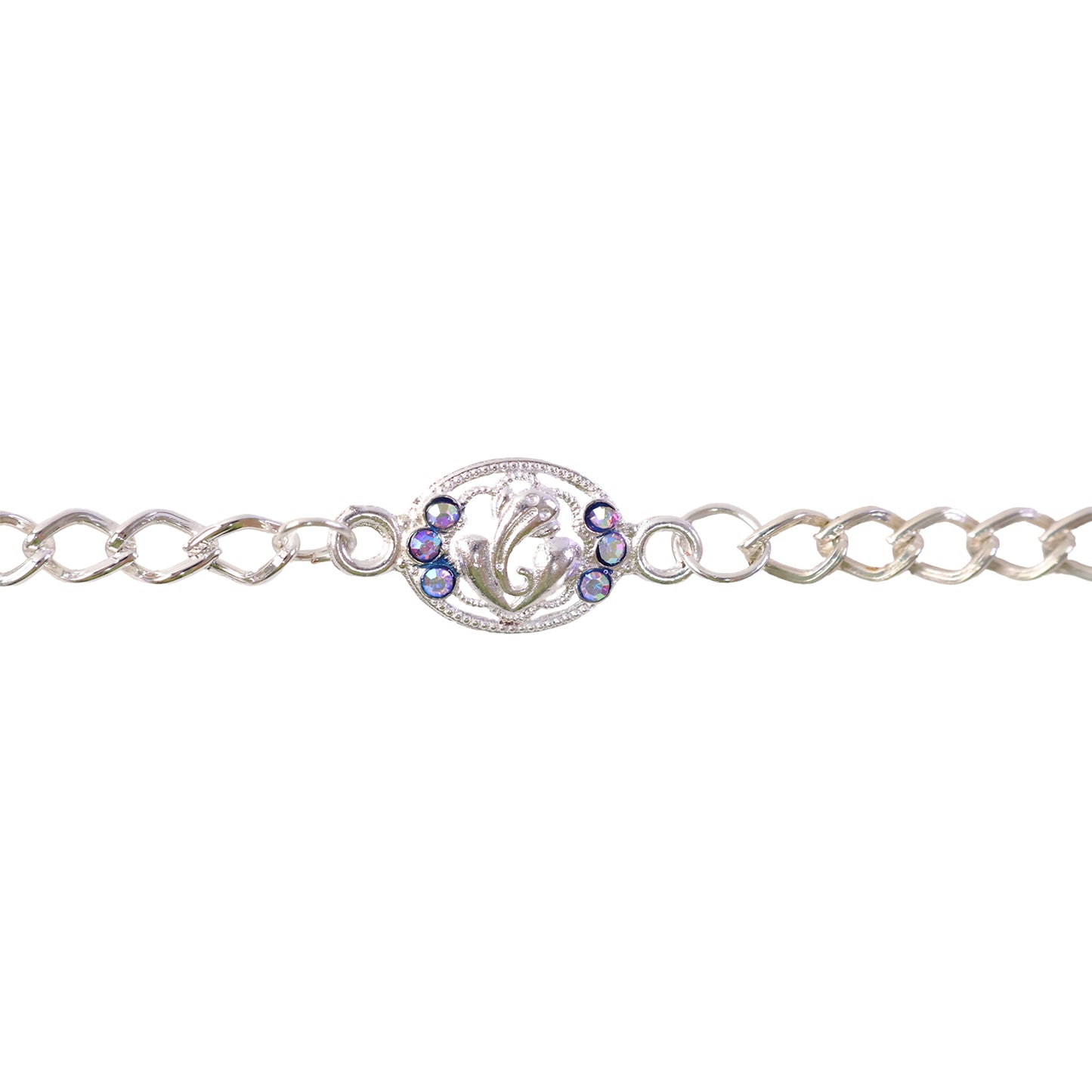 Premium Silver Ganesha Rakhi with Stones Chain Bracelet for Brother (1 Pc)