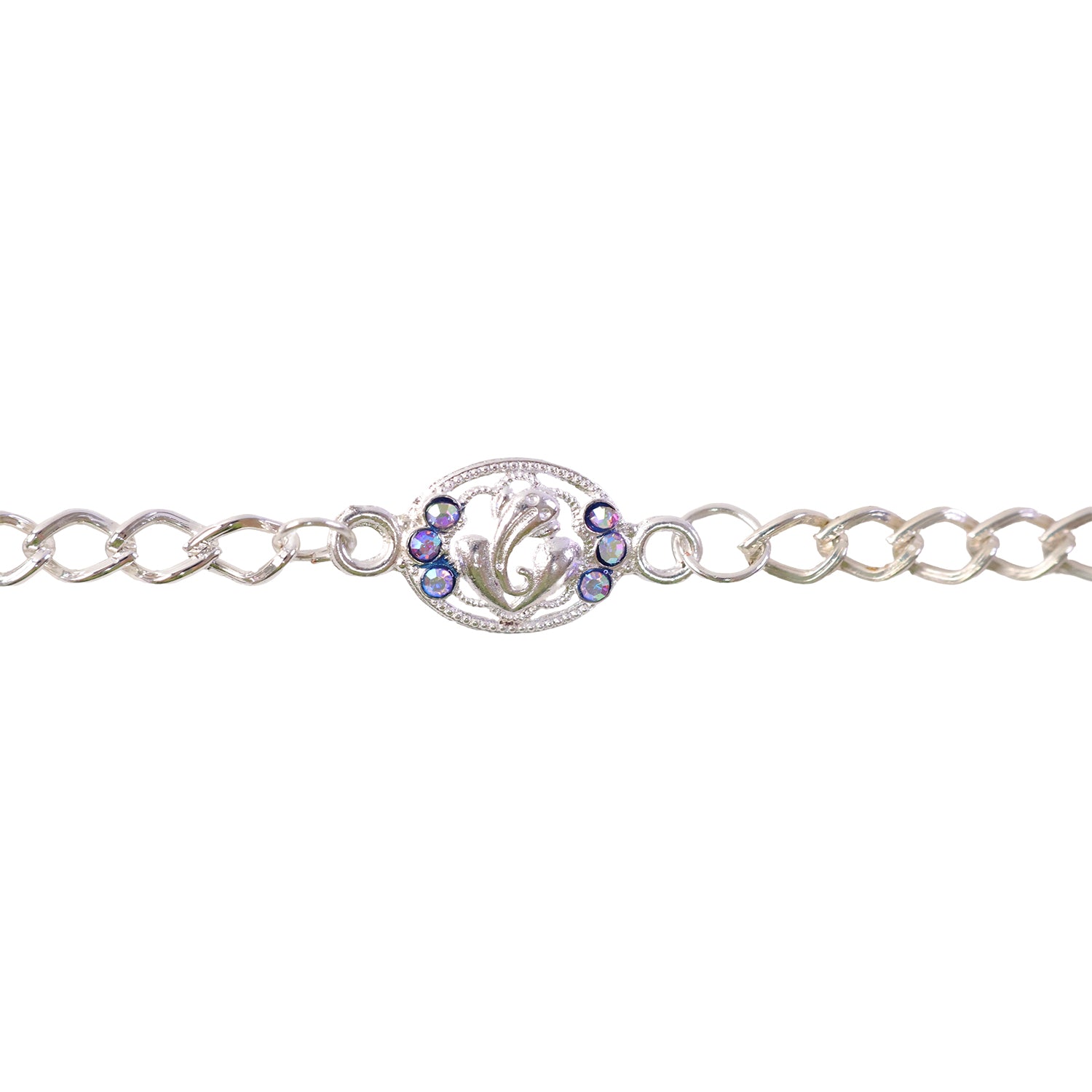 Premium Silver Ganesha Rakhi with Stones Chain Bracelet for Brother (1 Pc)
